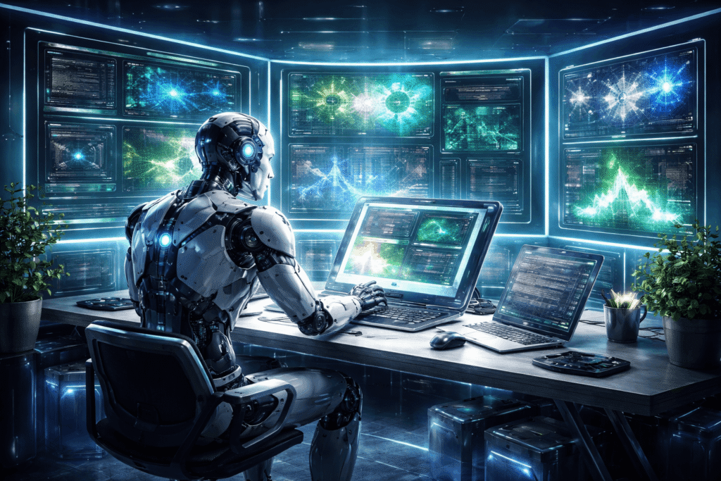 Autonomous AI agent working on multiple tasks with advanced futuristic interface representing OpenClaw AI technology