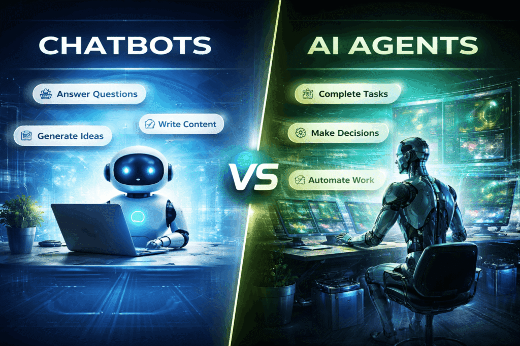 Chatbots vs AI agents comparison showing difference between answering questions and completing tasks using OpenClaw AI
