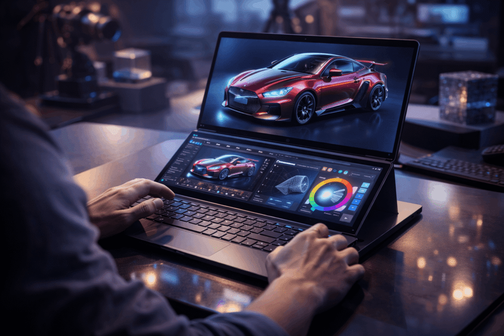 Yoga Book Pro 3D Concept dual OLED laptop showing glasses-free 3D design workflow at MWC 2026