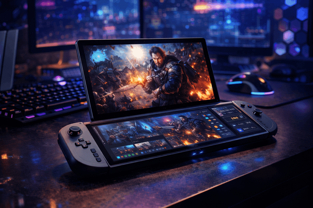 Legion Go Fold Concept foldable gaming handheld with detachable controllers and dual display modes, showcased at Lenovo AI Laptops at MWC 2026, cyberpunk gaming setup background