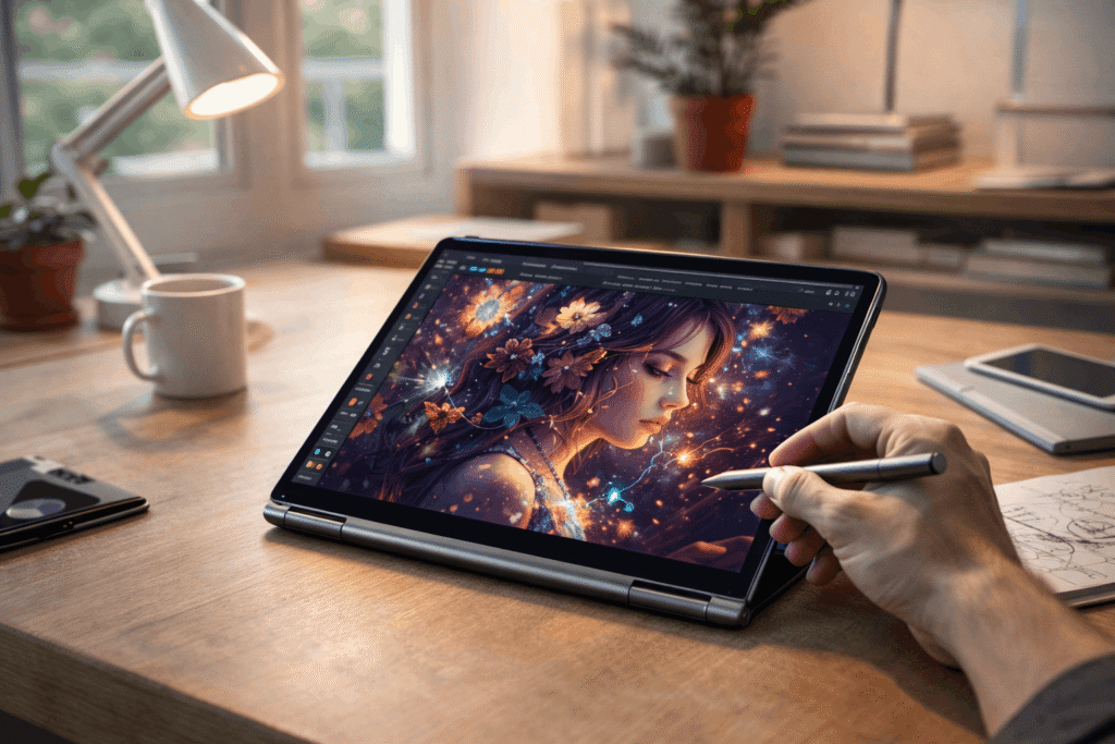Yoga 9i 2-in-1 Aura Edition laptop in tablet mode with stylus, digital artist creating vibrant artwork on bright OLED display, showcased at Lenovo AI Laptops at MWC 2026