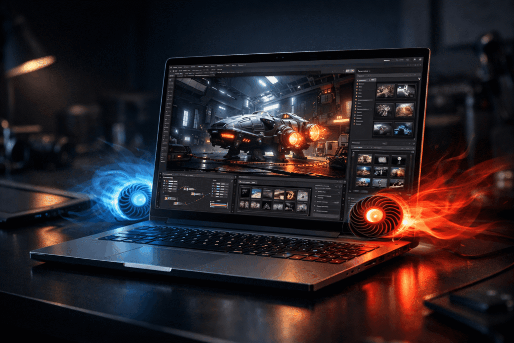 Ultra-detailed realistic product shot of a powerful modern laptop in a dark creative studio, displaying complex 3D graphics of a futuristic spacecraft on screen, with glowing dual cooling fan effects in blue and red light on both sides, dramatic cinematic lighting, no text visible.