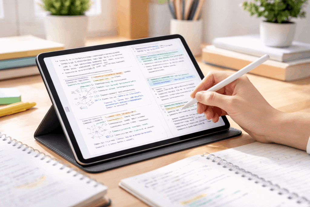 Lenovo AI ecosystem showing laptop, tablet, smartphone, and wearable connected with glowing AI lines, futuristic ambient lighting, modern desk setup, featured at MWC 2026