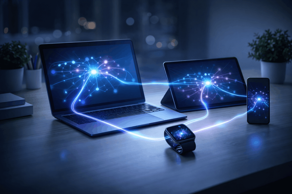 Modern desk setup featuring a laptop, tablet, smartphone, and smartwatch connected by glowing blue AI lines, with soft futuristic ambient lighting and a clean, minimal background.