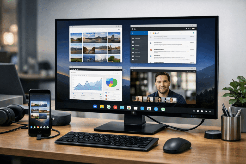 Google Pixel Desktop Mode interface on external monitor